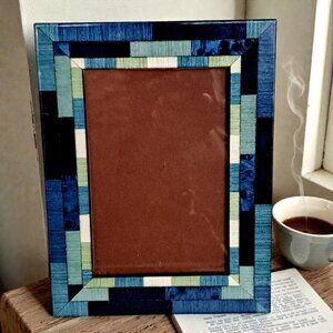 Natalini Italy Blue Wood Marquetry Inlay Frame 4x6 Geometric Mosaic Patchwork